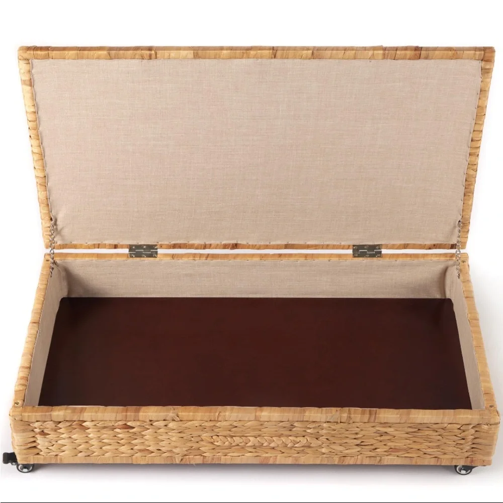 Organic Modern Storage Ottoman Coffee Table Woven Hyacinth Basket on Wheels NEW